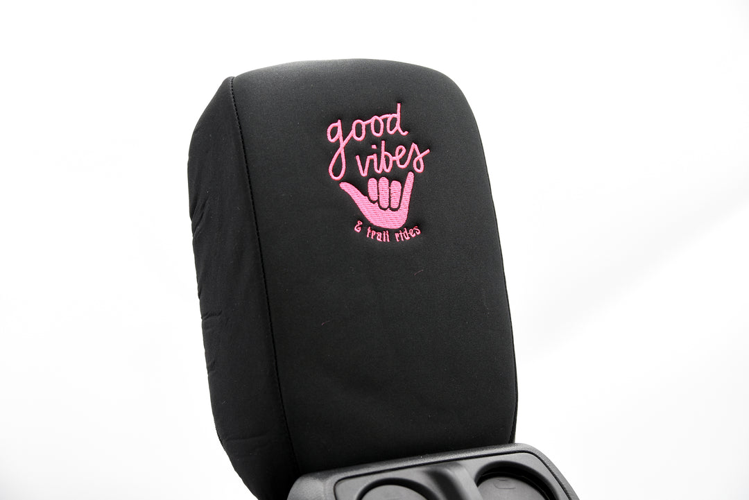 Embroidered Armrest Center Console Cover "Good Vibes"