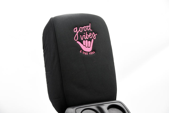 Embroidered Armrest Center Console Cover "Good Vibes"