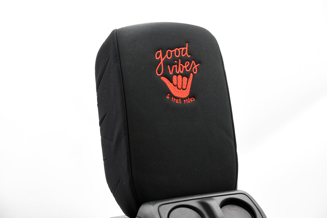 Embroidered Armrest Center Console Cover "Good Vibes"