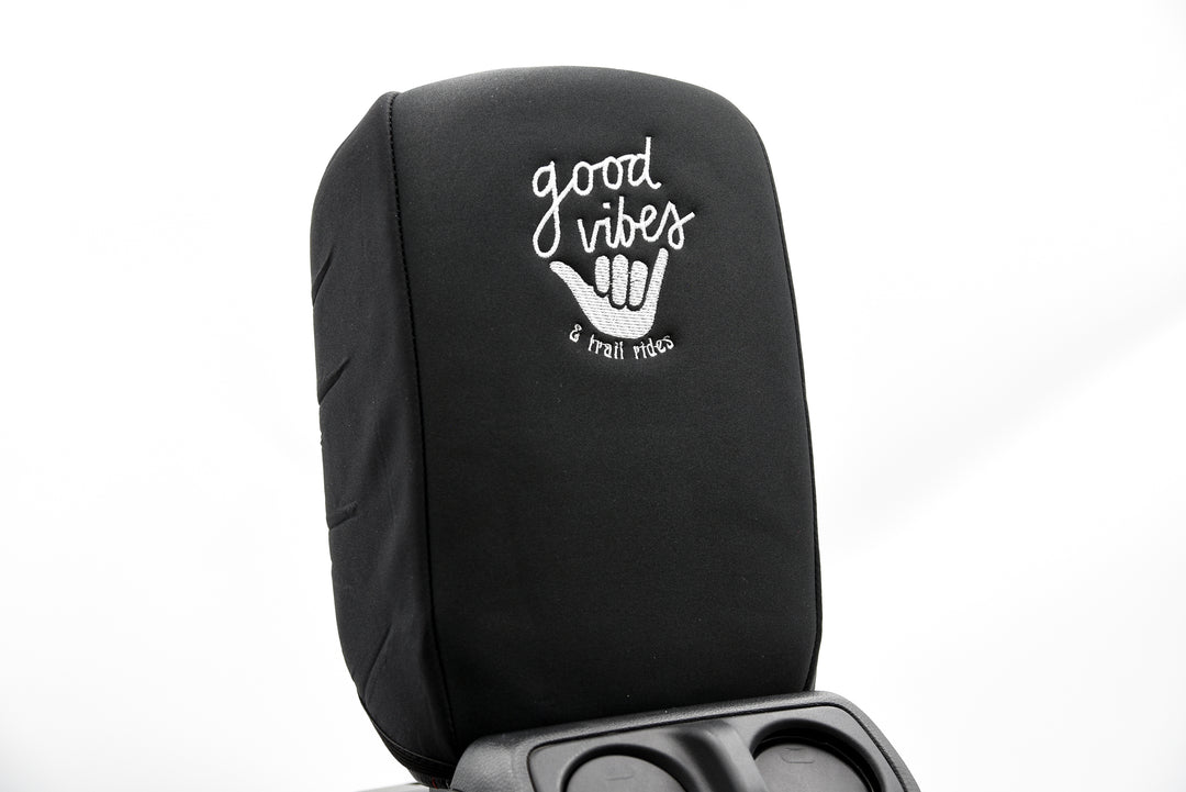Embroidered Armrest Center Console Cover "Good Vibes"