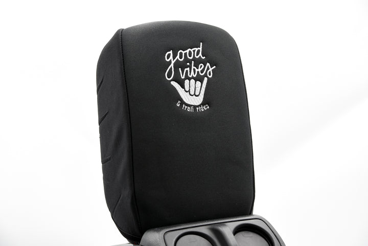 Embroidered Armrest Center Console Cover "Good Vibes"