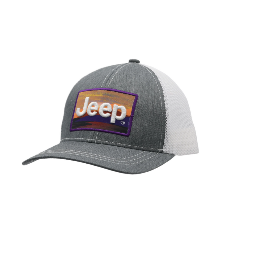Licensed Jeep Trucker Hat Heather Gray with Purple Badge and colorful landscape (JPPWGA)